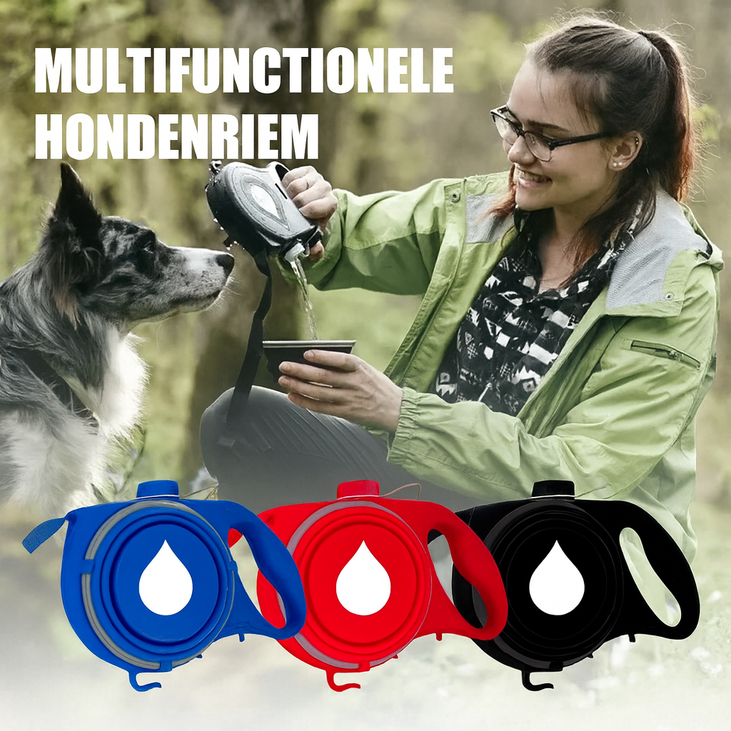 3-in-1 Hondenleiband met Waterfles, Drinkkom & Opbergfuncties – Voor de Avontuurlijke Baasjes